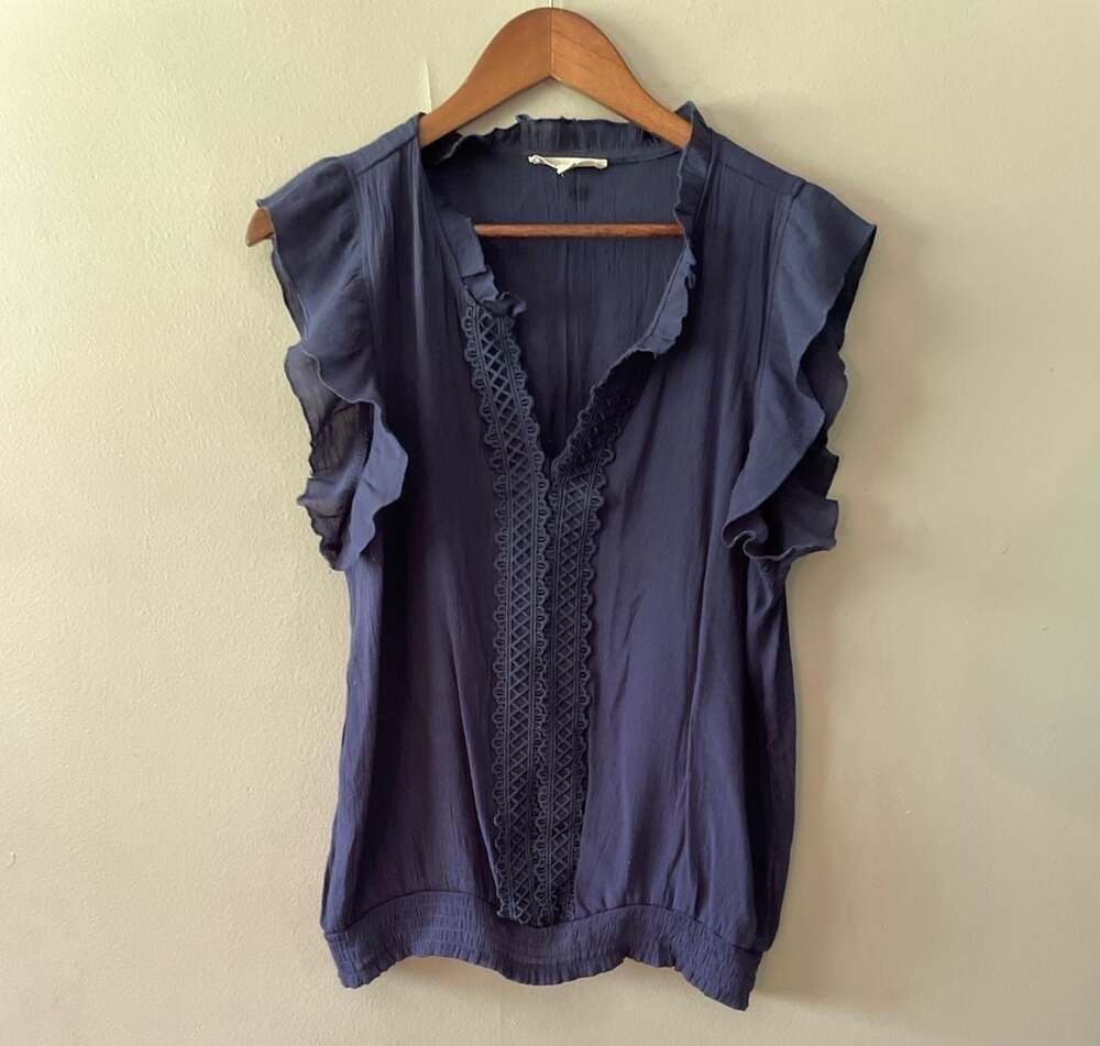 Parallel Skies Navy Blue Flutter Sleeve V-Neck Blouse with Crochet Lace Trim